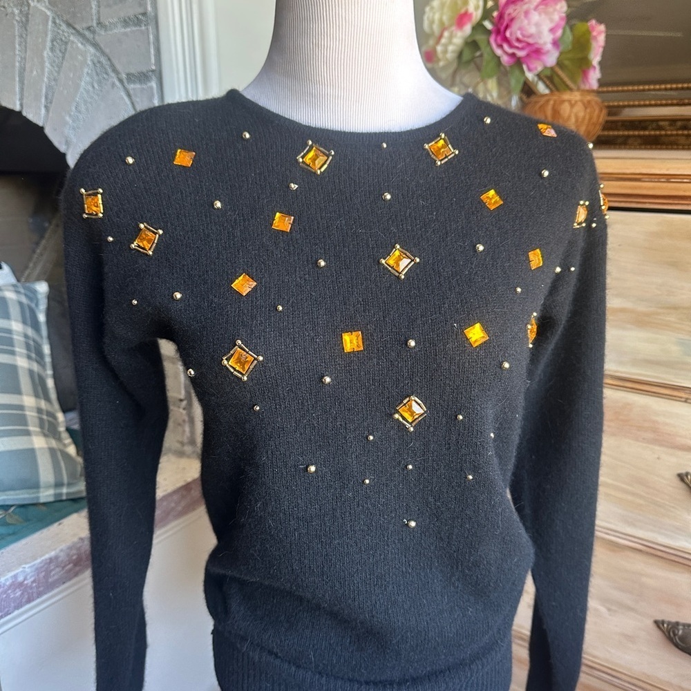 Vintage Embellished wool blend Black Sweater with rhinestones